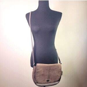 Lauren Ralph Lauren Grey Suede Leather Crossbody Saddle Bag Silver Hardware